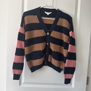 Striped V-Neck Button Cardigan Sweater - Navy, Camel & Pink